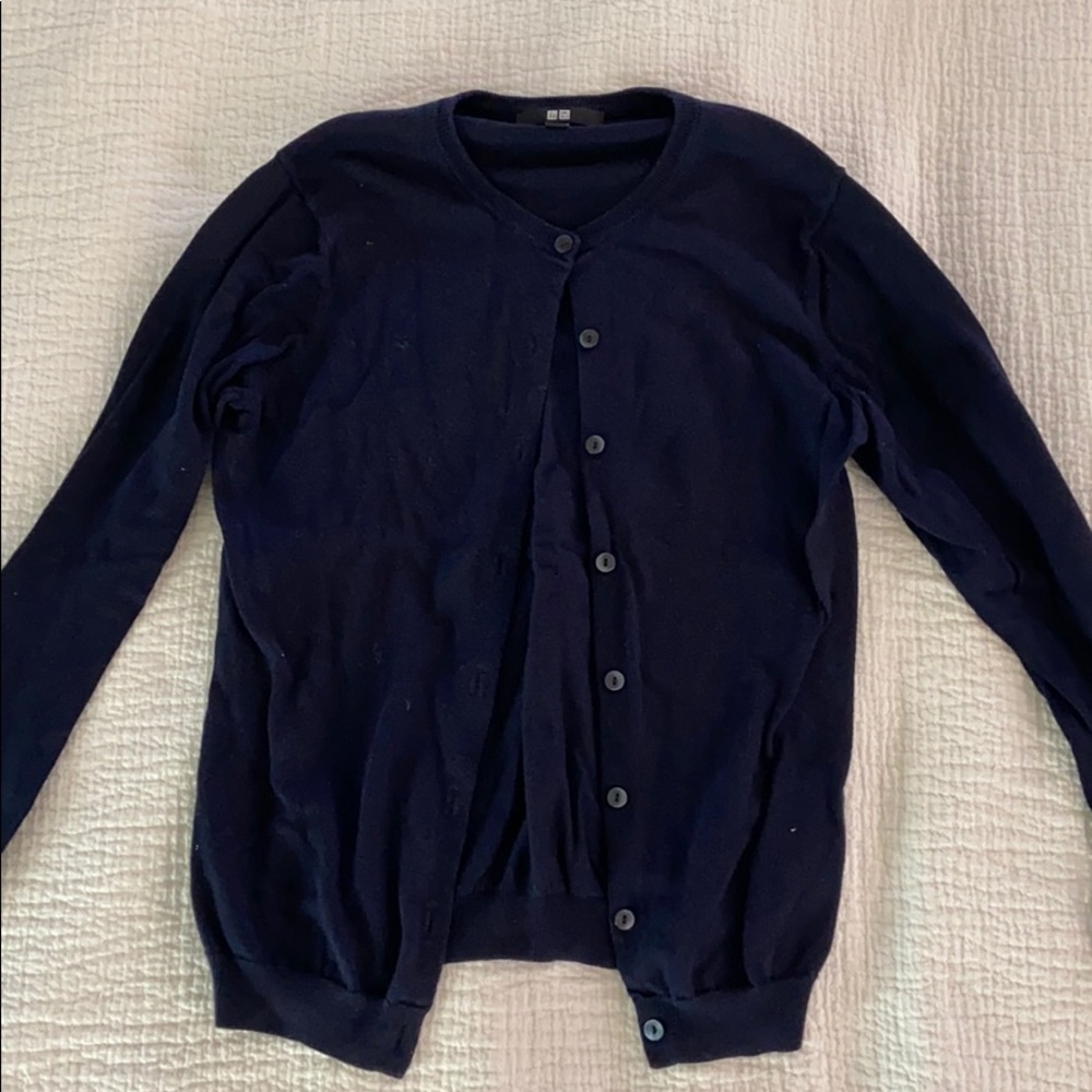 Navy Uniqlo cardigan.